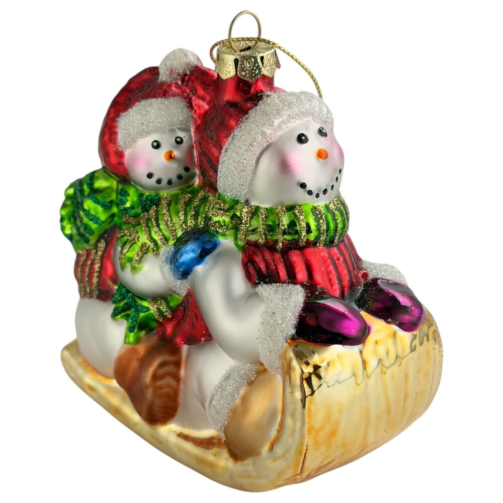 4" Snowman Sleigh Christmas Ornament Blown Glass Tree Hand Painted VTG